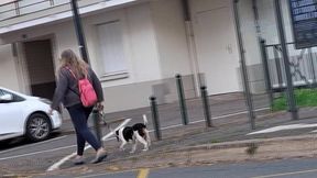 grandma with huge breasts without a bra moving while walking outside 1