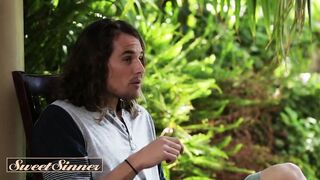 SWEET SINNER - Boiling Hot Brunette Rides The New Neighbor's Cock Outside In The Garden