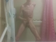 Skinny boy strokes his big wet cock after shower