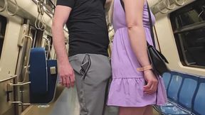 Almost Seen by Subway Passengers When She Touch Stranger's Dick Through Pants