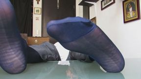 Gio in blue sheer socks and loafers