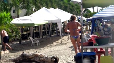 Floral bikini beauty returns from the beach for steamy self-love