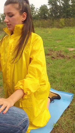 Deep blowjob outdoor in a PVC raincoat