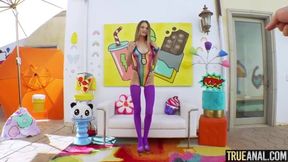 Skinny blonde has her tiny asshole penetrated and creampied