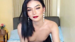 Asian trans strips and jerks off on solo webcam show