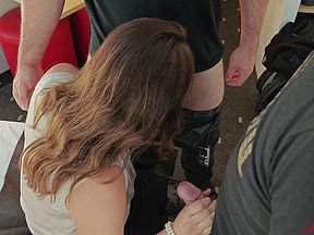 Ariel Rossi is fucked by two guys, first in the stairwell of the hotel and then filled with cum in t