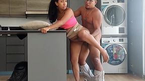 Horny stepmother got stuck but actually she was happy because her stepson can finally use her holes