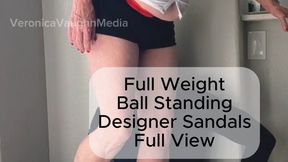 GREEN SANDALS BALL CUSHION FULL VIEW: HEEL CRUSH, TREAD MARKS & ASS HUMAN CHAIR