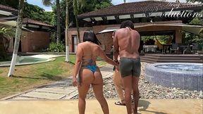 SW couple seduce MILF in the pool and fuck her together