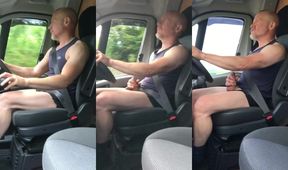 Muscular trucker daddy jerks off raw while driving