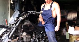 A Russian MECHANIC repairs a MOTORCYCLE in the garage and gets excited and FUCKS a silicone ass