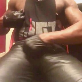 Black Dad Leather Jeans &amp; Gloves BBC Rubbing to Ejaculation