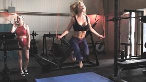 ”Sporty COUGAR Enjoys Lesbian Sex With Enthusiastic Blonde”