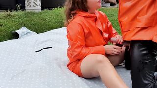 Cunt licking and oral sex into the garden inside greasy rainwear ad pvc boots