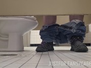 Caged sub offering his hole under the stall