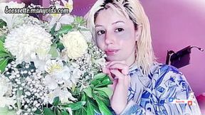 Post-shower&#x1F6BF; masque? Skin care? Blonde? Bangs? Short hair? Cute? Fresh? Towel? Flowers?