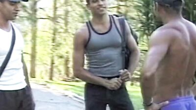 Three fit Latino dudes suck each other off and fuck hard