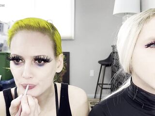Dude and Woman Putting on Lipliner and Lipstick