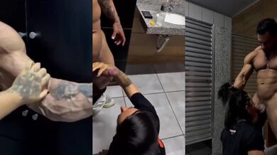 Gym Slut Choked on Thick Cock in Bathroom by Muscular Instructor