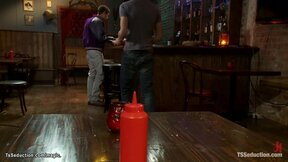 TS bartender fucks bound sportsmen