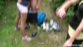 Amateur young Czech swinger couples having fun in nature