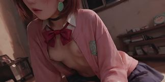 Nighttime Seduction - Red Bow Unfastened, Blue Skirt Lifted, Secret Nipples Exposed Under Soft Light