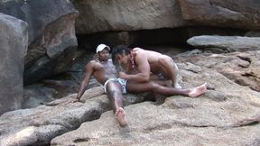 Muscle hunk get facial on beach
