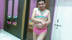 Sweet sissy crossdresser feels very nice in a sexy sheer-lace pink bra-pantie set.