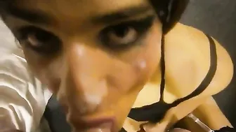 Daddy cums on his crossdresser slut after blowjob
