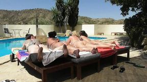 Two hung dudes bang four wet bitches by the pool