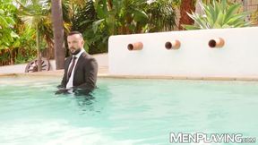 Outdoor raw breeding sesh with suited Damon Heart and Sir Peter