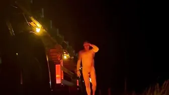 Hairy trucker daddy strips naked and jerks off by the roadside