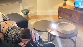 White ass gobbling huge black BBC on the sofa