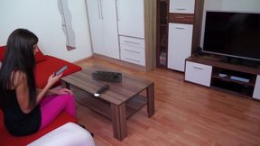 Pierced brunette babe sucks and fucks a guy's hard rod