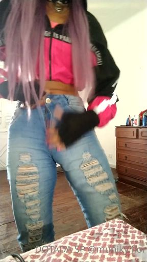 Dotada shows off her huge package and blows a big load at 1:44