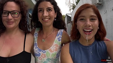Orgy with three girls and one guy, fucked them in turns and cum on their faces - Public Cumwalk