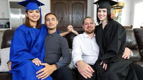 Stepdads give sloppy facial to their teen daughters for graduation