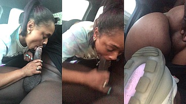 Ebony Slut gives Public Blowjob in Car