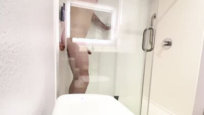 Straight guys first time riding his big white dildo in hotel shower