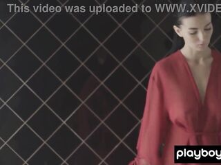 Breasty all natural brunette hair girl teasing in the baths