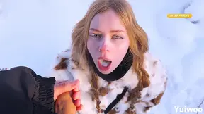 Hot babe gets covered in BBC's big cum load outside