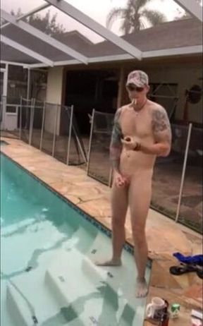 Married hunk jerks off over the pool while smoking