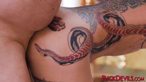 Tattooed babes Kimberly Chi and Erica Masterson beg for a big cock in steamy hardcore session