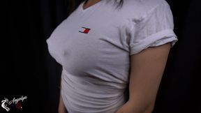 Blowjob from a busty brunette, cum on her tits.