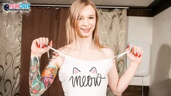 Cute Blonde Tgirl Michelle Soul Strips and Anal Dildos Her Ass