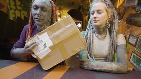 Tattooed couple unboxes huge dildo and go wild