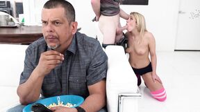 Khloe Capri gives a bj behind her father's back before some hard choking fuck