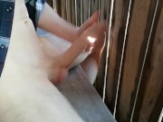 Jerking off in a public stable, cumshot on the wall