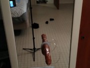 Guy having hard time fucking his tight ass with huge dildo almost got caught