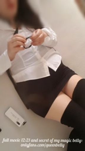 Office girl took a brake to clear her mind...and her shirt almost popped-belly inflation / air enema